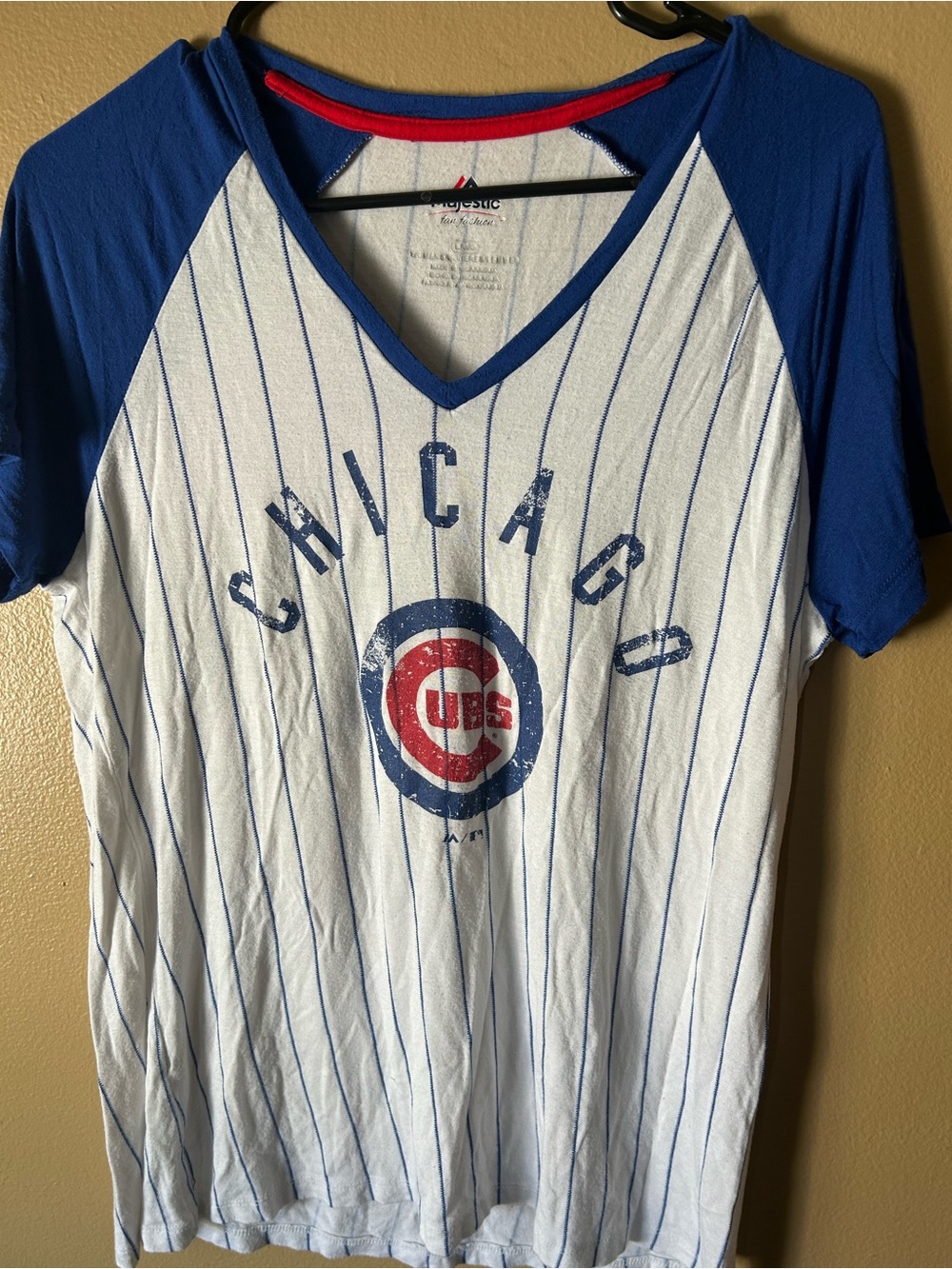 Majestic White & Blue Chicago Cubs Pinstripe V-Neck Tee with Red Logo